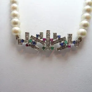 18 carati Perle d'acqua dolce, Oro bianco - Collana Perle varie - Diamante, Smeraldo, Rubino, Zaffiro