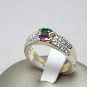 18 carati Oro bianco, Oro giallo - Anello Diamante - Rubino, Smeraldo